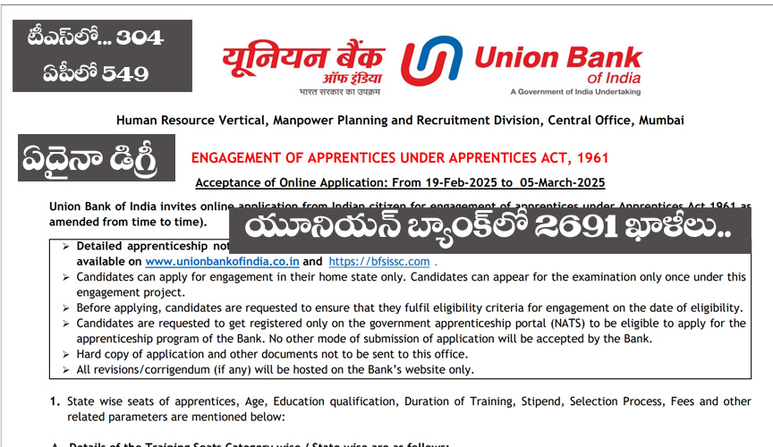 Bank Jobs”యూనియన్ బ్యాంక్ ఆఫ్ ఇండియాలో 2691 పోస్టులు…  ఏదైనా డిగ్రీతో