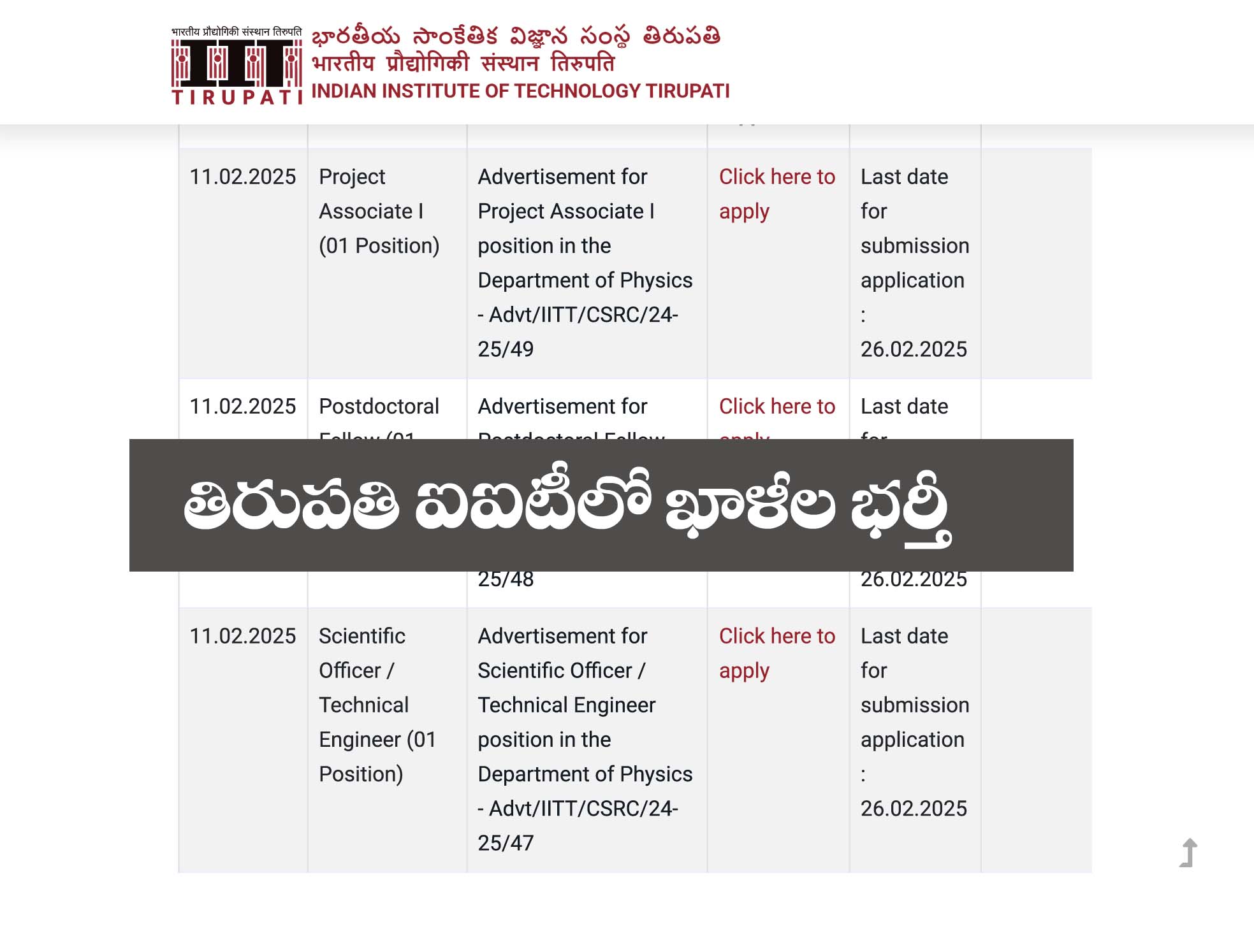 IIT Thirupathi” ఐఐటీ తిరుపతిలో ఖాళీల భర్తీకి నోటిఫికేష‌న్‌.. చివ‌రి తేది 26.02.2025